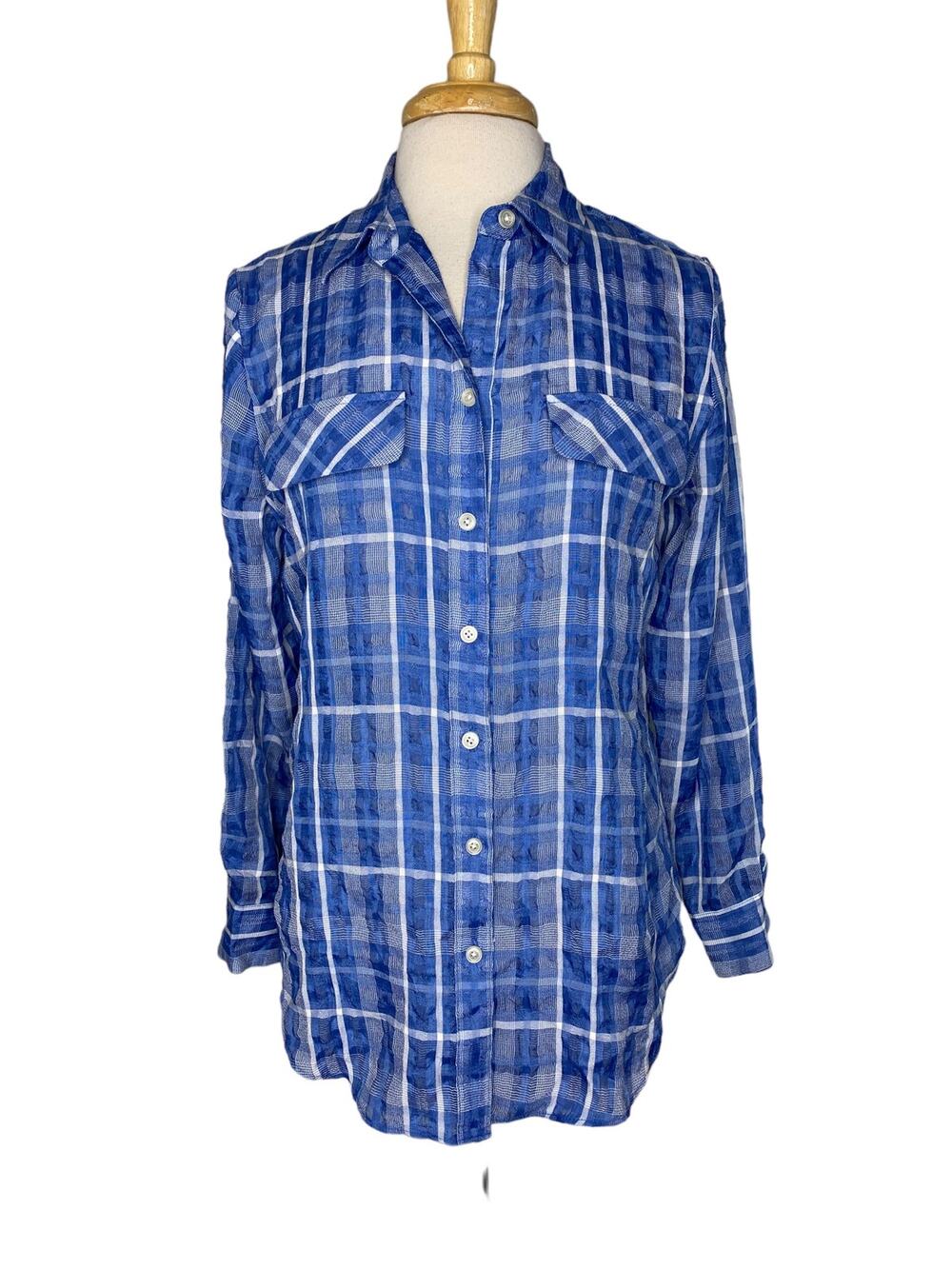 CHICOS Blue White Lightweight Plaid Button Up Shirt Sz Medium 8/10 (1) Textured